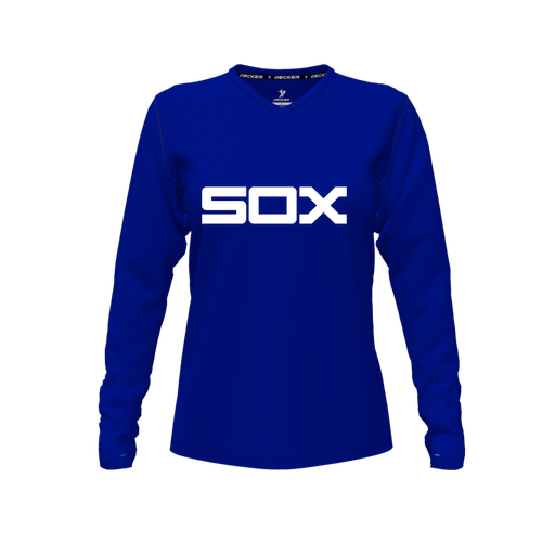 [CUS-DFW-TEES-PER-VNK-LSL-RYL-FYXS-LOGO1] Decker Performance T-Shirt (Female Youth XS, Royal, V Neck, Logo 1, Long Sleeve)