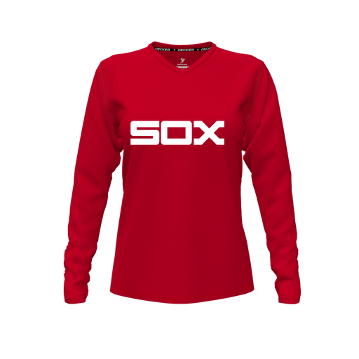 [CUS-DFW-TEES-PER-VNK-LSL-RED-FYXS-LOGO1] Decker Performance T-Shirt (Female Youth XS, Red, V Neck, Logo 1, Long Sleeve)