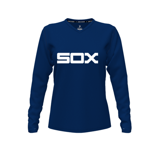[CUS-DFW-TEES-PER-VNK-LSL-NVY-FYXS-LOGO1] Decker Performance T-Shirt (Female Youth XS, Navy, V Neck, Logo 1, Long Sleeve)